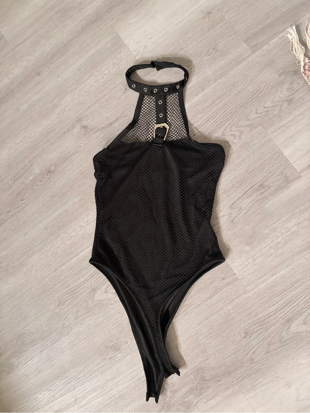 SHEIN Black Mesh High-Neck Buckle Bodysuit